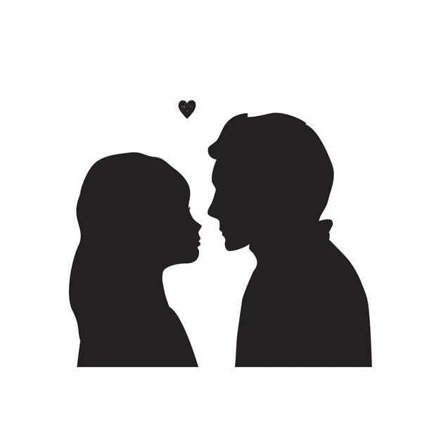 Silhouettes homme et femme isolées sur fond blanc. Profilés faces noires en vecteur. Couple embrasser — Image vectorielle