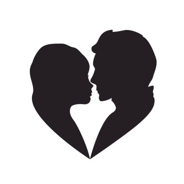 Heart shape silhouette of loving man and woman looking at each other isolated on white background. Black faces profiles in vector. Couple kissing. Vector illustration