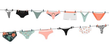 İpe asılı kadın külotu. İç çamaşırı yıkandıktan sonra kurur. Külot için çeşitli seçenekler. Vektör düz resimleme