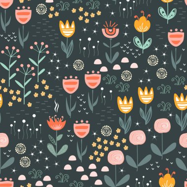 Koyu renk çiçek tarlası, kusursuz vektör deseni. Tekrar eden özgürlük çiçeği otlağı arka planı. İskandinav halk tarzı. Kumaş, duvar kağıdı, ev dekorasyonu için.