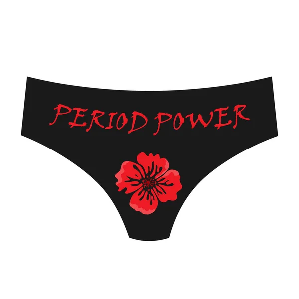 Calcinhas de mulheres com símbolo de flor de sangue vermelho e texto Poder Período. Conceito de menstruação, ilustração vetorial isolada sobre fundo branco —  Vetores de Stock