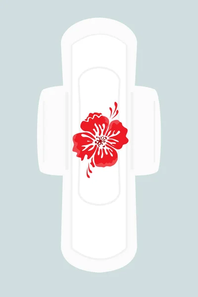 Almohadilla sanitaria femenina con símbolo de flor de sangre roja. Servilleta de menstruación, símbolo del periodo femenino. Ilustración plana vectorial aislada sobre fondo rosa. Elemento de diseño — Vector de stock