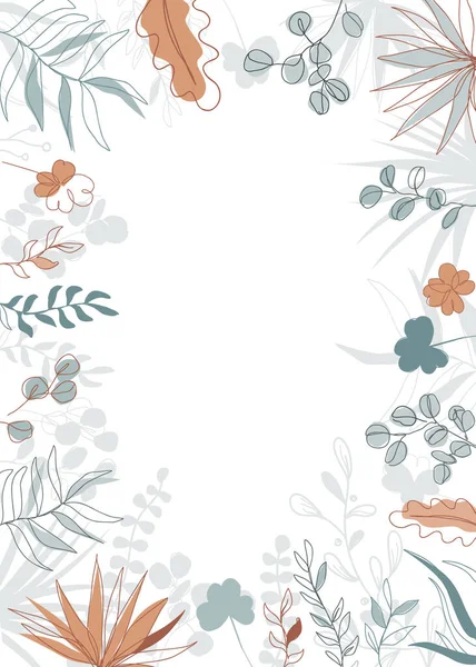 Marco de follaje abstracto, hojas de plantas ilustración vectorial plana. Plantilla de banner de colección de hierbas. Hermoso estilo escandinavo diseño de fondo floral — Vector de stock