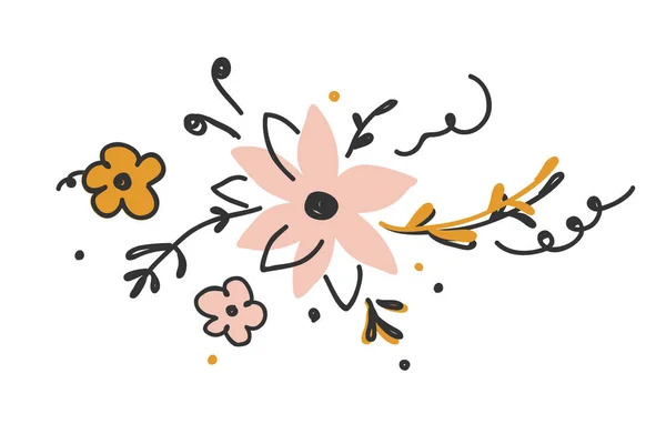 Gekritzelter Blumenstrauß im skandinavischen Stil. Floral handgezeichneten Strauß Rahmen für Karten, Aufkleber, Geburtstag, speichern Sie das Datum Einladung. Vektorillustration — Stockvektor