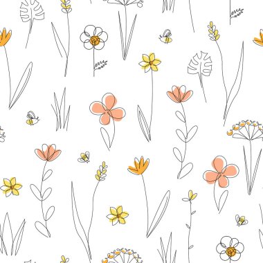 Çayır yaban çiçeğinin kusursuz vektör deseni. Boho botanik çiçek geçmişi. Arkaplan çizimi devam ediyor. Karalamalı el çizimi çiçek çizimi