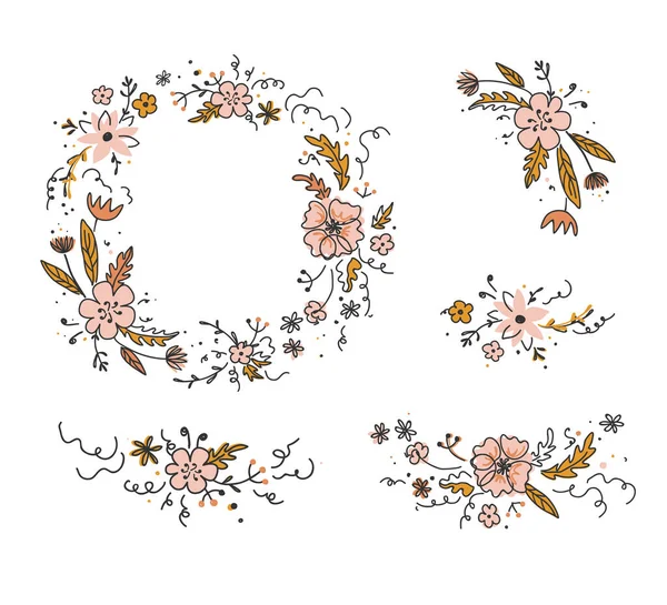 Set bunga corat-coret karangan bunga dan karangan bunga. Gambar bergaya Skandinavia. Floral tangan ditarik banyak bingkai untuk kartu, stiker, ulang tahun, menyimpan undangan tanggal. Ilustrasi vektor - Stok Vektor