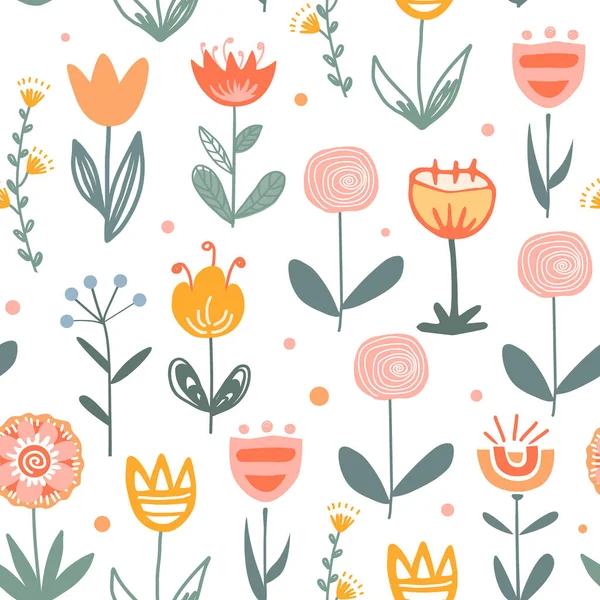 Campo de flores de hadas patrón de vector sin costuras. Folclore escandinavo estilo garabato. Fondo de la pradera para la tela, tarjetas, papel pintado, decoración del hogar. Fondo blanco. — Vector de stock