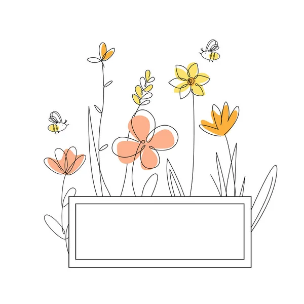 Marco rectangular con flores de miel y abejas. Ilustración vectorial de dibujos animados, estilo de dibujo continuo — Vector de stock