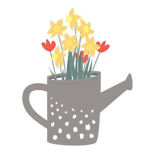 As primeiras flores de primavera desenhadas à mão em uma lata de rega de jardim em um fundo branco. Tulipas e narcisos ilustração vetorial. Imagem retro botânica para fundos de jardim, design floral. — Vetor de Stock