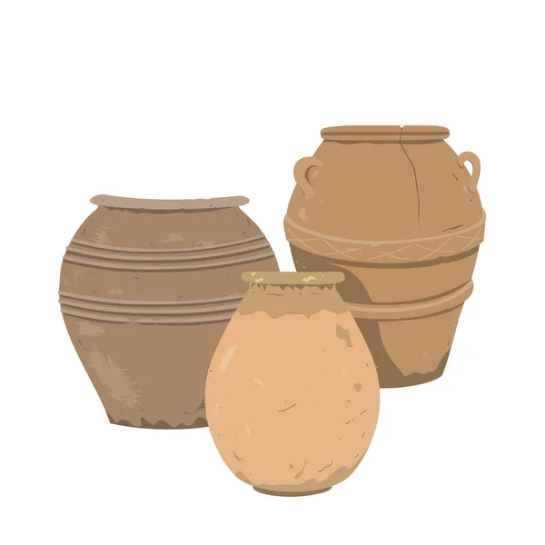 Oude klei pot set samenstelling. Antieke terracotta aardewerk vector collectie, design element voor thuis of patio decor geïsoleerd op wit. — Stockvector