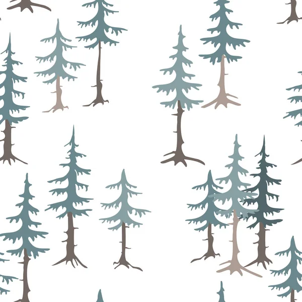 Spruce, fir trees silhouettes seamless pattern, forest background. Hand drawn vector illustration. Design concept for kids textile, fashion print, wallpaper, packaging. — Stock Vector