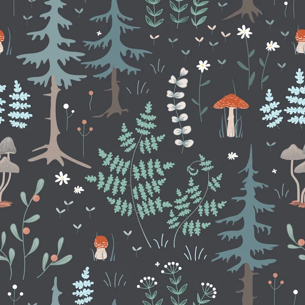妖精の森のシームレスなパターンをかわす 暗い背景に手描きの森林植物 ハーブや花の北欧風のドローイング — ストックベクタ