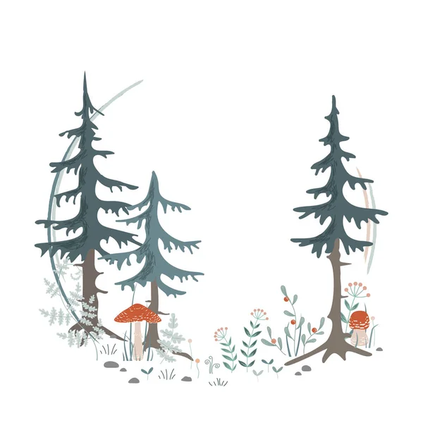 森の花輪のフレーム カード 森林カードの招待状 プリント用のデザイン モミの木 ハーブ キノコのリースセット バナー装飾デザインベクトルイラスト — ストックベクタ