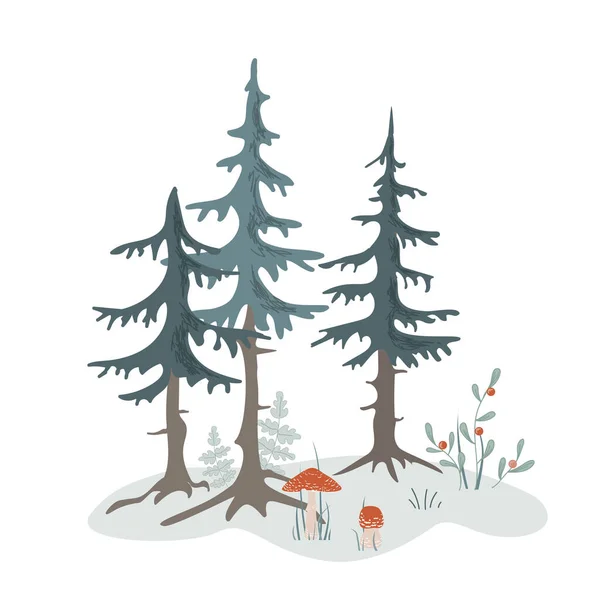 森の分離組成 モミの木 ハーブ キノコ 子供のカード 森林カードの招待状 プリント用のデザイン バナー装飾デザインベクトルイラスト — ストックベクタ