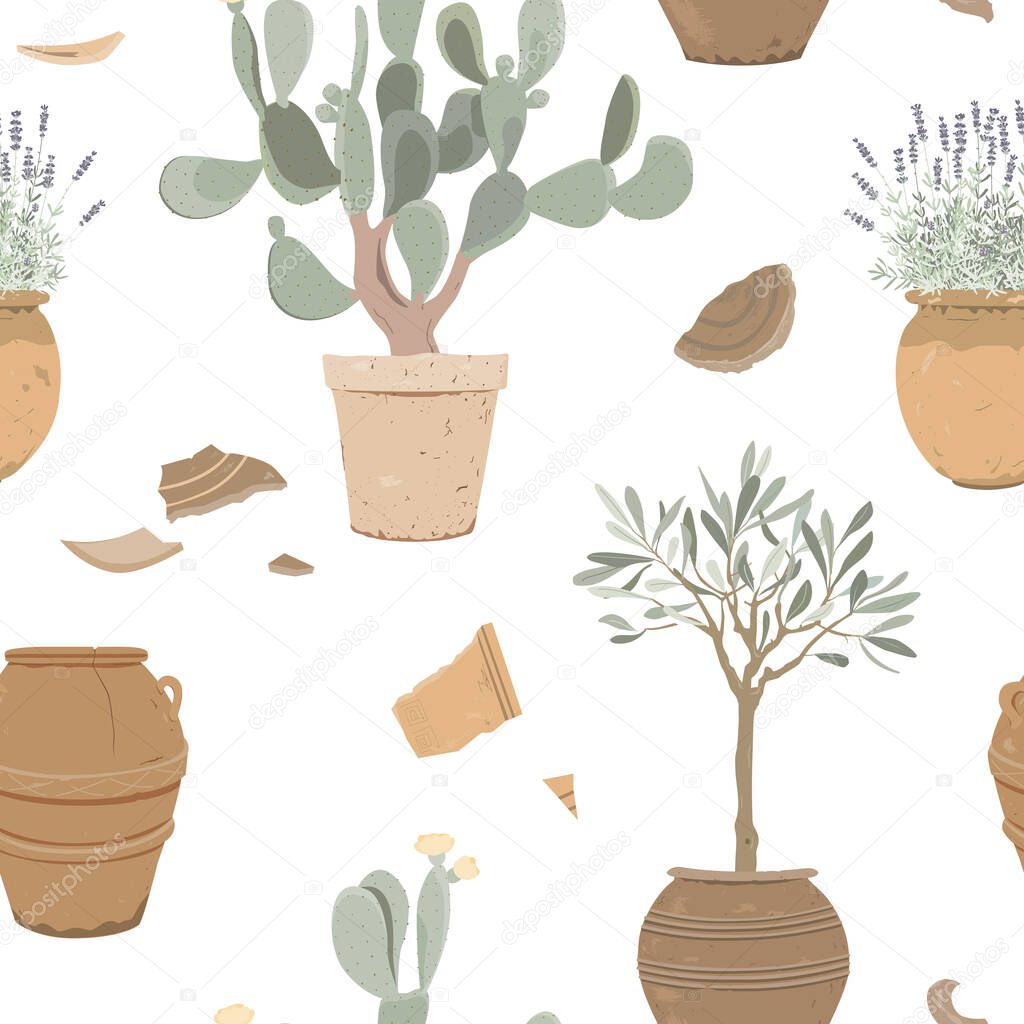 Potsherds and Mediterranean plants in old pots, seamless pattern. Lavender, prickly pear, and olive tree in clay pottery. Vector illustration