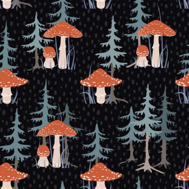 Ağaçlar ve uçan arap mantarları pürüzsüz desen. Tarz ormanı arka planı, vektör illüstrasyonu. 