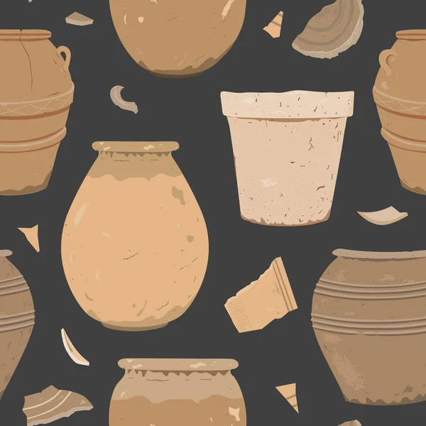 Padrão Sem Costura Vasos Desenhados Mão Vasos Potsherds Cerâmica Barro — Vetor de Stock
