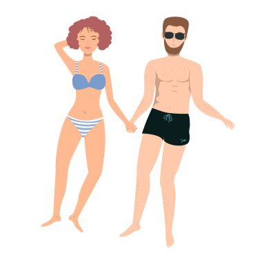 Genç bir çift kumsalda uzanmış ellerini tutuyor. Romantik güneşlenme sahnesi vektör çizimi