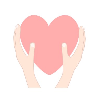 Kalp, vektör ikonunda. Kalbi tutan ellerin bembeyaz arka planda izole edilmiş görüntüsü. İlaç ikonu, şefkat, destek ve hayırseverliğin sembolü.