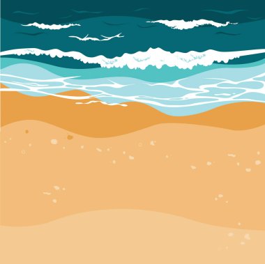 Deniz dalgaları ve kumla dolu yüksek açılı yaz sahili manzarası. Kumlu kıyı manzarasında köpüklü dalgalar akıyor. Kare şeklindeki El çizilmiş arka plan. Vektör illüstrasyonu.