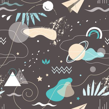 Uzay ve geometrik şekilli, soyut, dikişsiz desen. Duvar kağıtları, kapaklar, broşürler, el ilanları, sunumlar, kimlik ve afişler için klasik psikedelik arka plan. Vektör illüstrasyonu