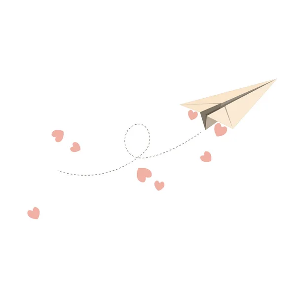 Flying Paper Airplane Hearts Dotted Air Route Valentine Day Greeting — Wektor stockowy