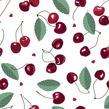Kirazsız desen. Yaprakları ve kalpleri olan kırmızı, tatlı ve sulu meyveler. Kumaş ya da ürün ambalajında baskı için doku. Çizgi film düz vektör çizimi. 