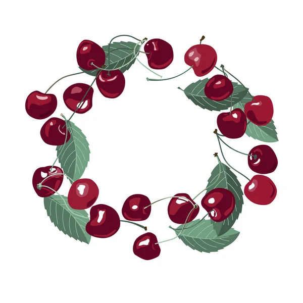 Circle Composition Cherry Fruits Berry Wreath Frame Trendy Summer Background — Stockvektor