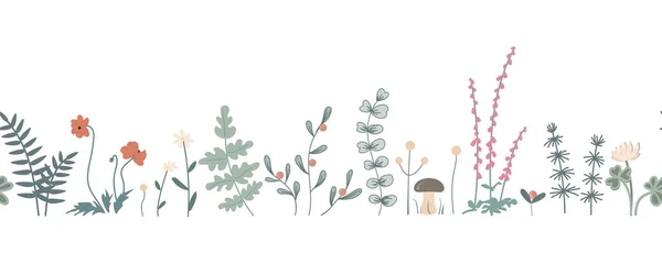 Forest Seamless Border Doodle Herbs Flowers Vector Hand Drawn Plant — Archivo Imágenes Vectoriales