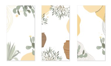 Modern summer vertical abstract templates with prickly pear cactus, agave, and olive branches. Mediterranean floral backgrounds. Vector illustration.