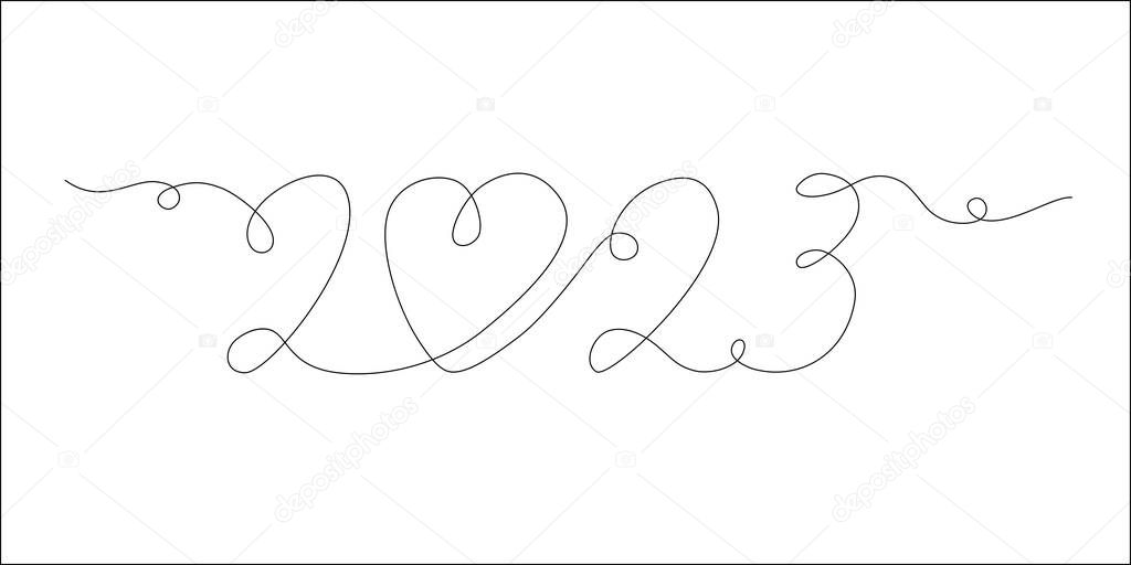 2023 number in continuous line drawing style. New Year symbol. One line drawing, Vector illustration isolated on white background. 