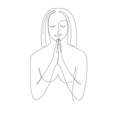 Praiyng woman. Continuous line drawing of prayer with broken heart, vector illustration.