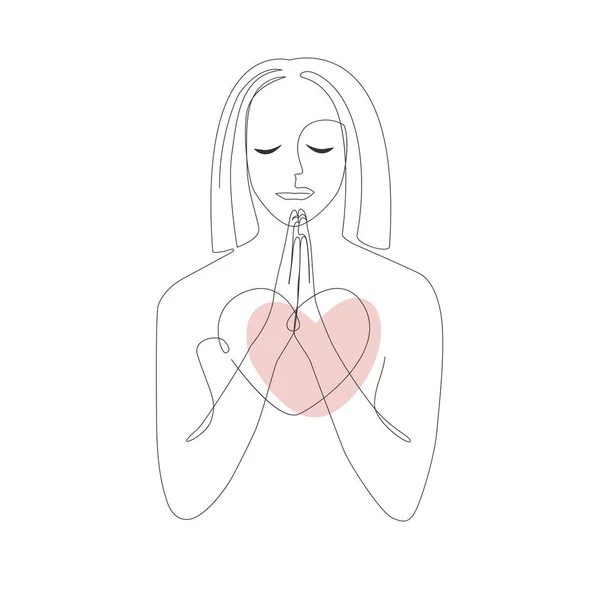 Praiyng Woman Continuous Line Drawing Prayer Broken Heart Vector Illustration — Vector de stock