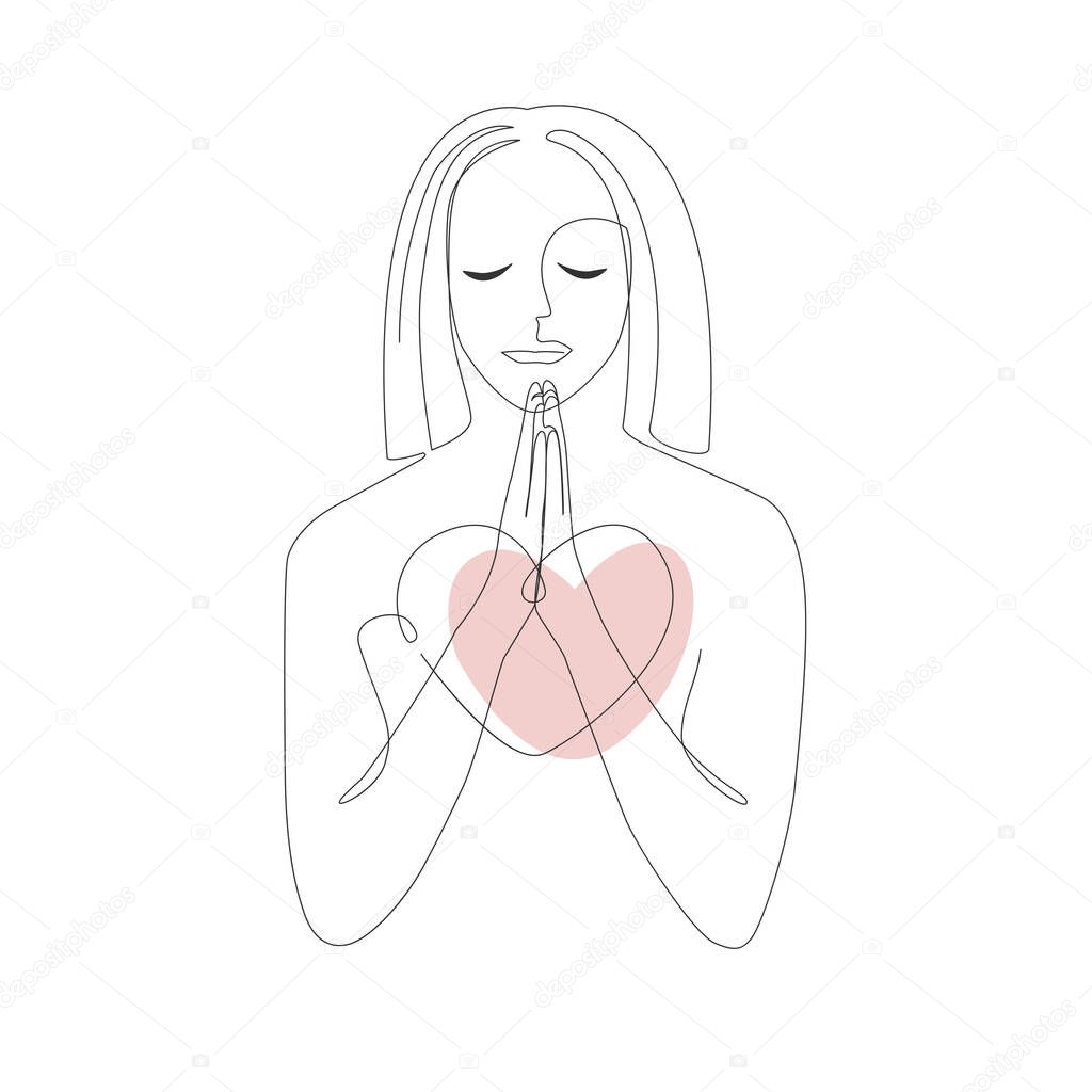 Praiyng woman. Continuous line drawing of prayer with broken heart, vector illustration