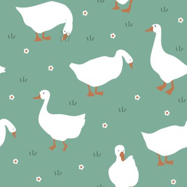 Cute seamless pattern with goose and doodle flowers. Geese in the grass. Vector illustration on light green background