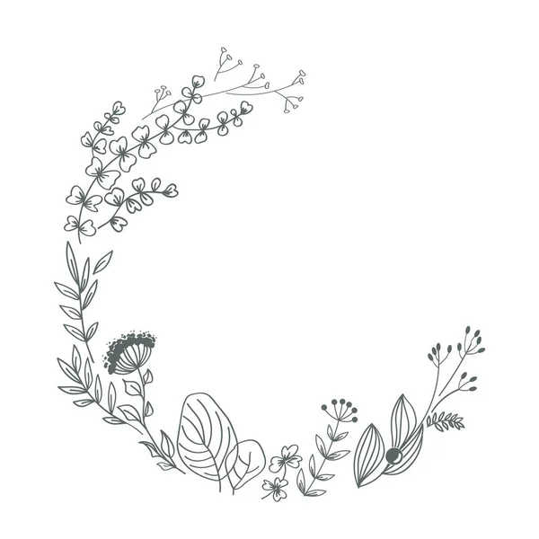用涂鸦手绘树叶和枝条的花环框架 秋天环境请帖 在白色背景上孤立的矢量轮廓说明 — 图库矢量图片