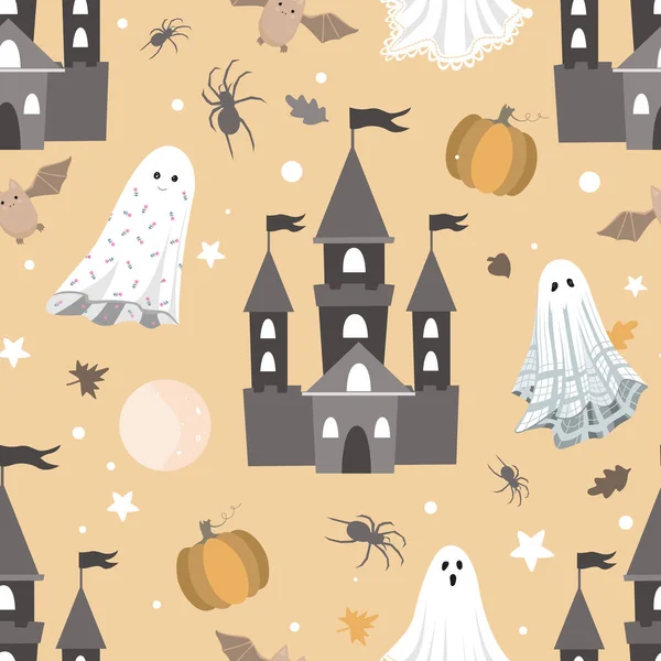 Lindo Patrón Para Halloween Castillos Fantasmas Lindos Murciélagos Calabazas Ilustración — Archivo Imágenes Vectoriales