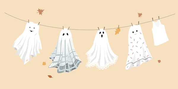 Fondo Halloween Con Lindos Fantasmas Hojas Secado Cuerda Divertido Otoño — Archivo Imágenes Vectoriales