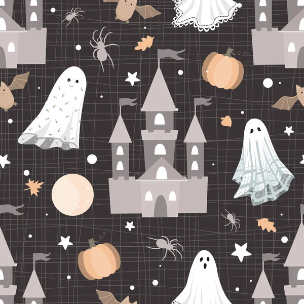 Patrón Sin Costuras Horror Halloween Castillos Oscuros Calabaza Arañas Sábanas — Archivo Imágenes Vectoriales