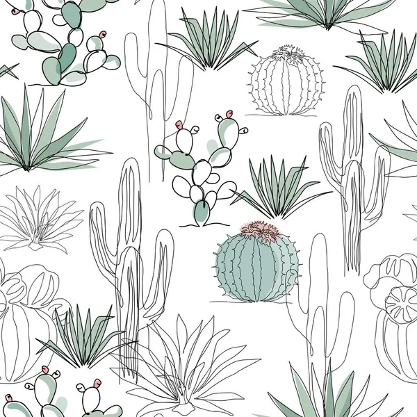 Jardín Cactus Abstracto Dibujo Continuo Línea Patrón Sin Costura — Vector de stock