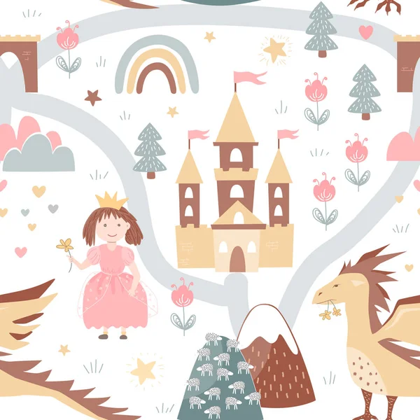 Prinzessin Drache Und Märchenschloss Cartoon Kindergarten Hintergrund Nahtloses Vektormuster — Stockvektor