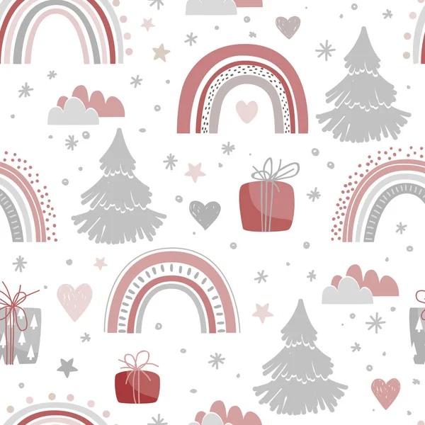 Mignon Motif Sans Couture Noël Avec Des Arbres Des Boîtes — Image vectorielle