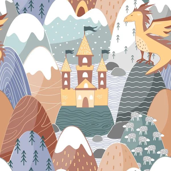 かわいい龍 魔法の城 山とおとぎ話のシームレスなパターン 子供のための妖精の土地の丘のパステルの背景 ベクトルイラスト — ストックベクタ