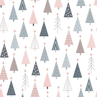 Kusursuz bir Noel arkaplanı ve geometrik şekilli soyut Xmas ağaçları. Tatlı pastel palet..