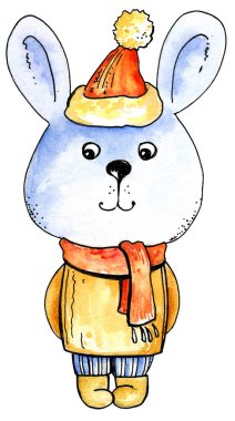 Sıcak elbiseli suluboya komik tavşan, kış tavşanı, renkli aptal çizimler. El çizimi çizimi