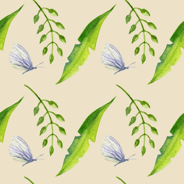 seamless pattern, hand draw watercolour leaves of dandelions, herbs, butterfly. Ideal for textil, card, wedding design