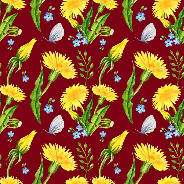 seamless pattern, hand draw watercolour flowers dandelions, herbs, butterfly, blue background, yellow flowers for textil, card, wedding design