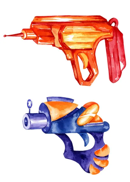 Watercolour Hand Draw Illustration Fantastic Weapons Space Pistols Blasters Picture — Stock Photo, Image