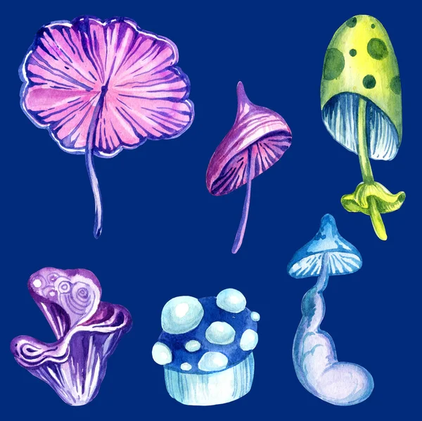 Conjunto Fantásticos Cogumelos Cósmicos Stas Fundo Azul Aquarela Mão Desenhar — Fotografia de Stock