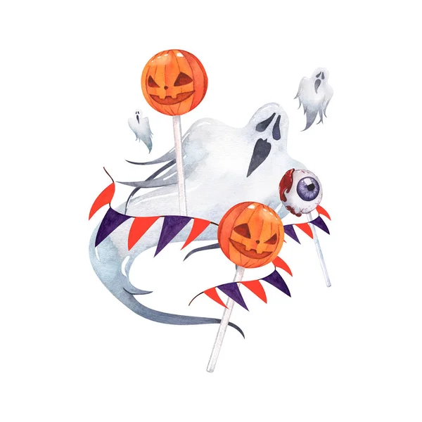 Izolovaná Akvarel Halloween Ilustrace Lízátka Duchové Vlajky Pro Design Téma — Stock fotografie